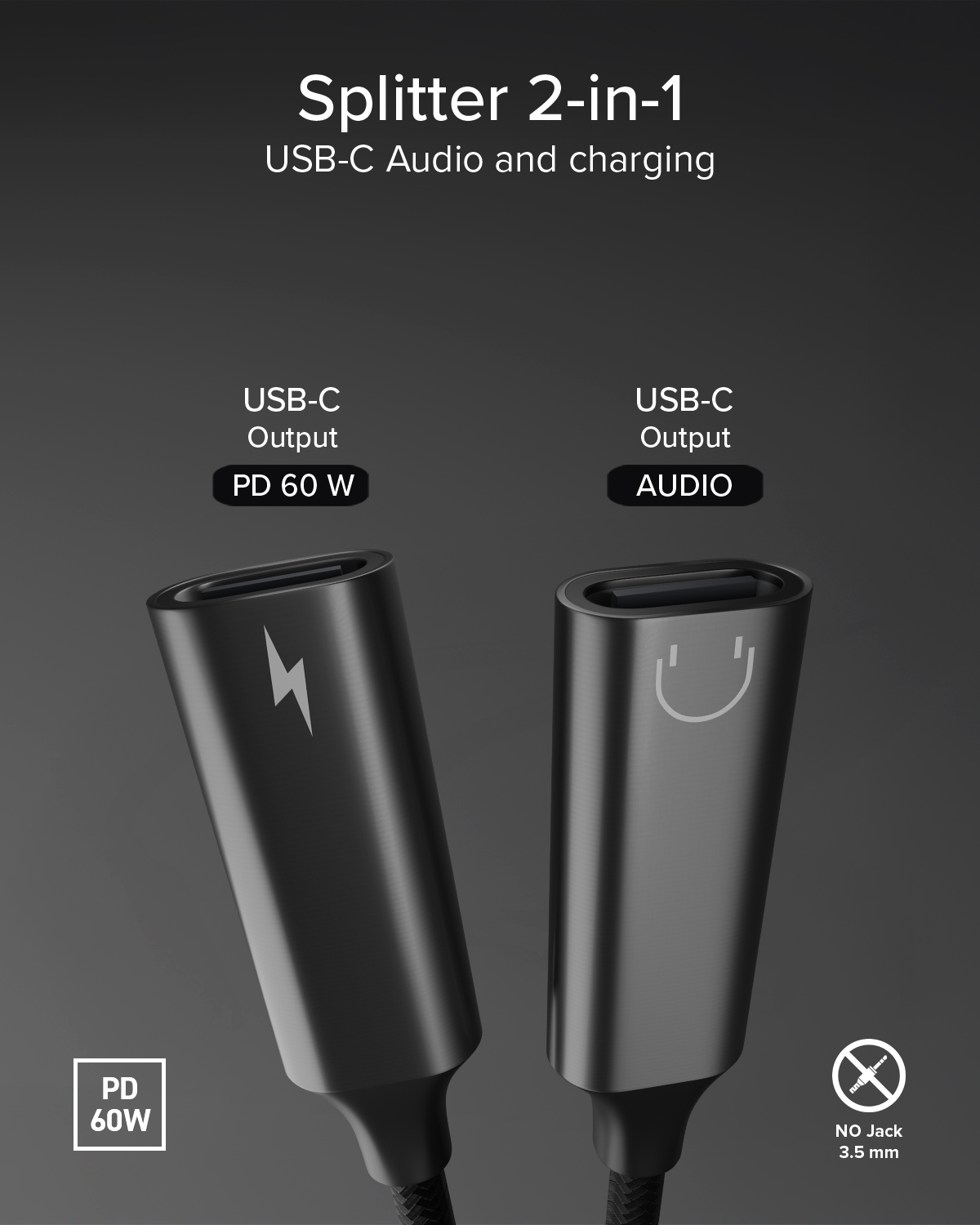Divisor de audio y carga USB-C 2 en 1 con PD 60W e icono de audio sobre fondo oscuro.