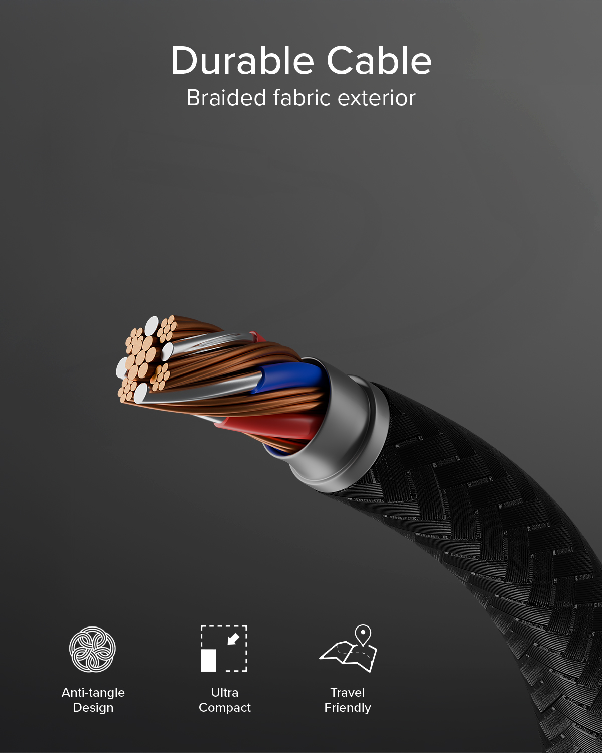 Cable duradero con exterior de tela trenzada y cables internos visibles.