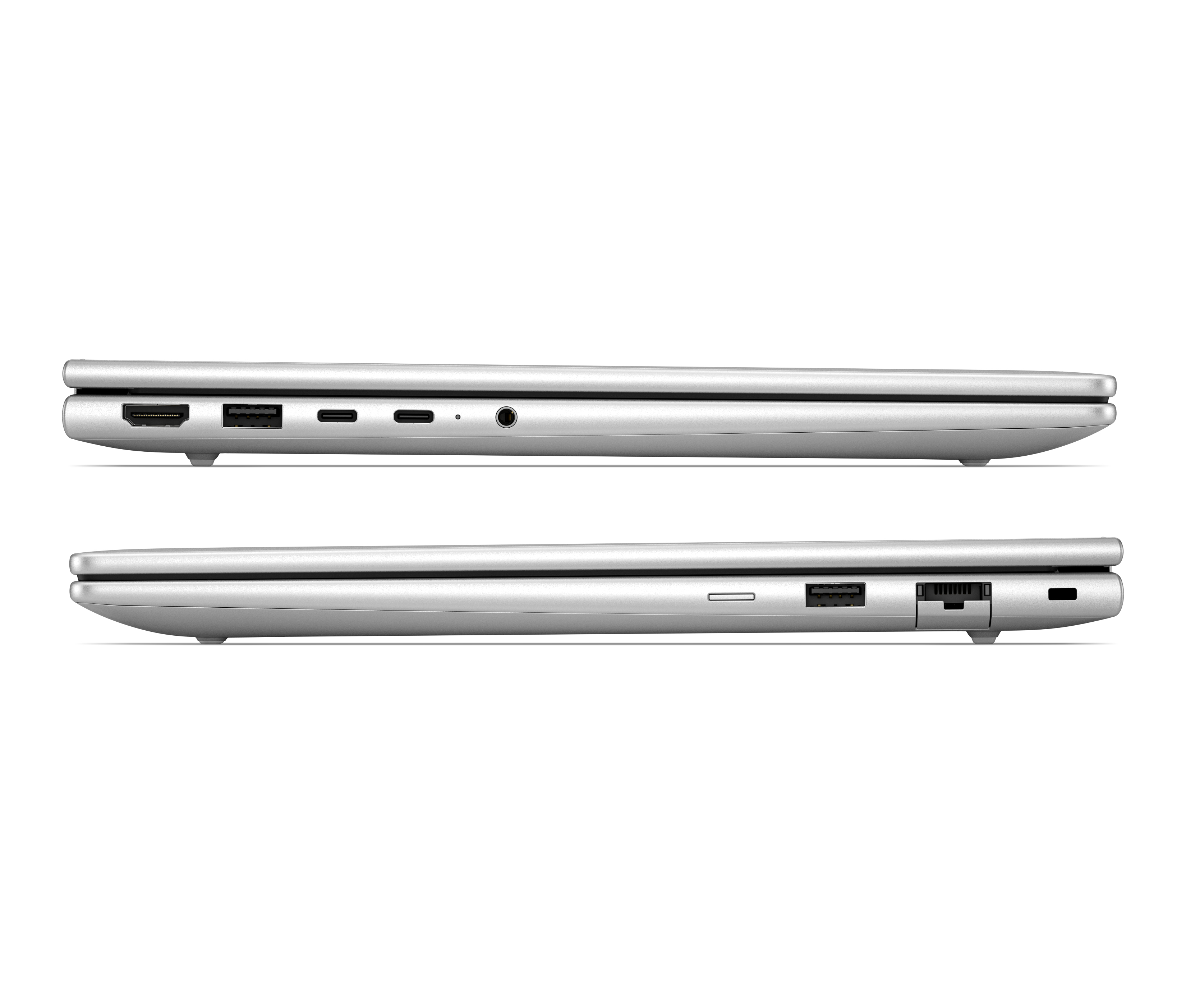 Side profiles of a closed silver laptop showing various ports.