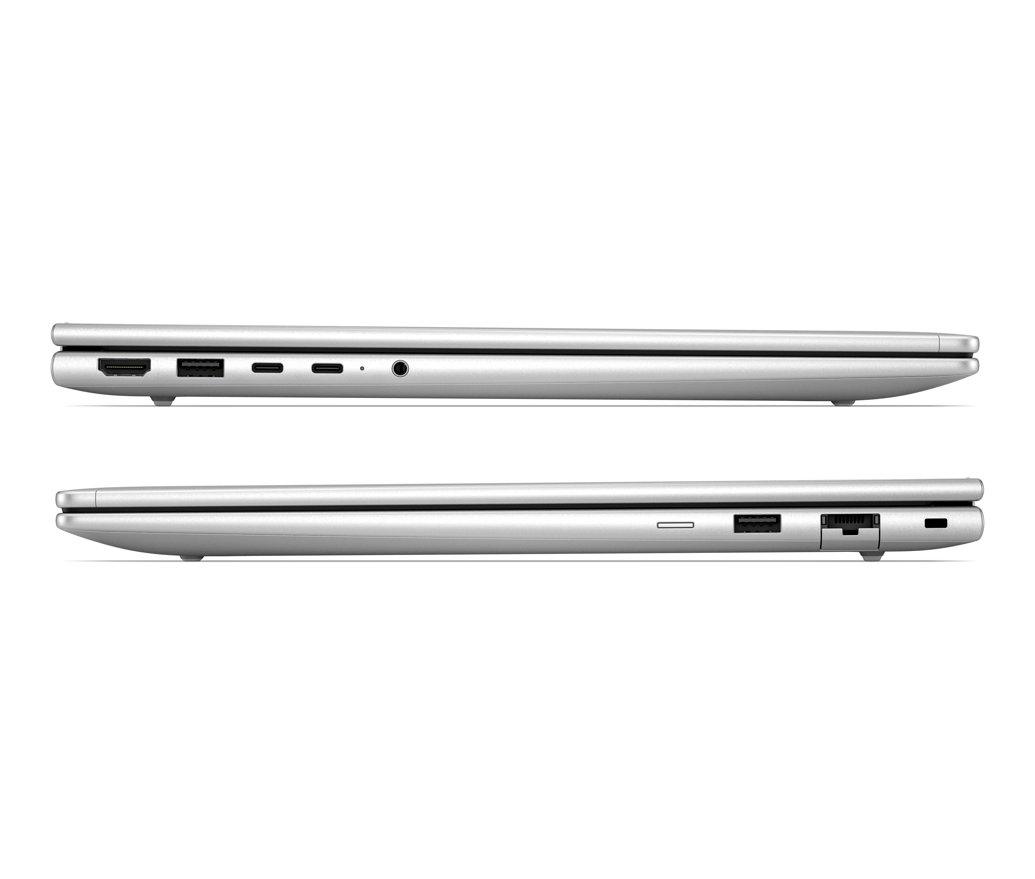 Side view of a closed silver laptop showing various ports on both sides against a white background.