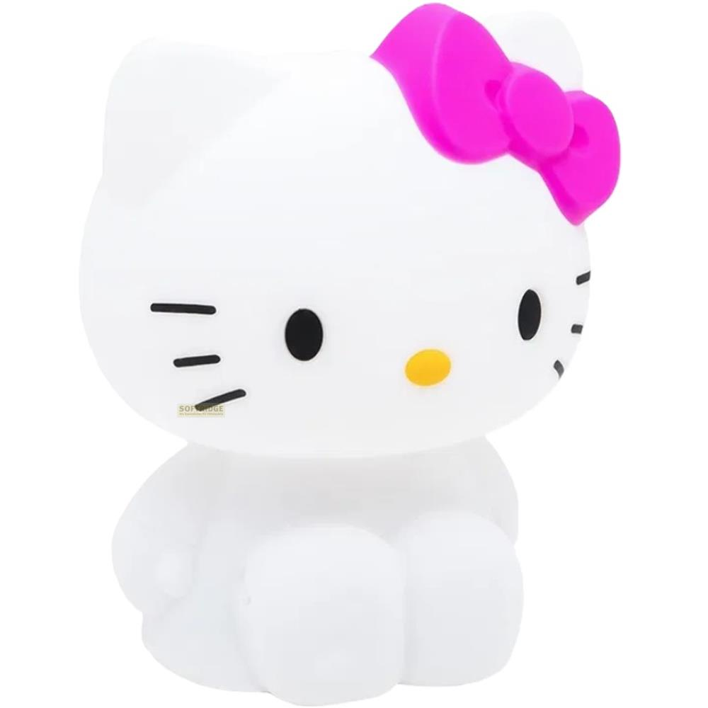 Eine weiße Hello Kitty Figur mit einer leuchtend rosa Schleife auf dem Kopf, schwarzen Augen und gelber Nase.