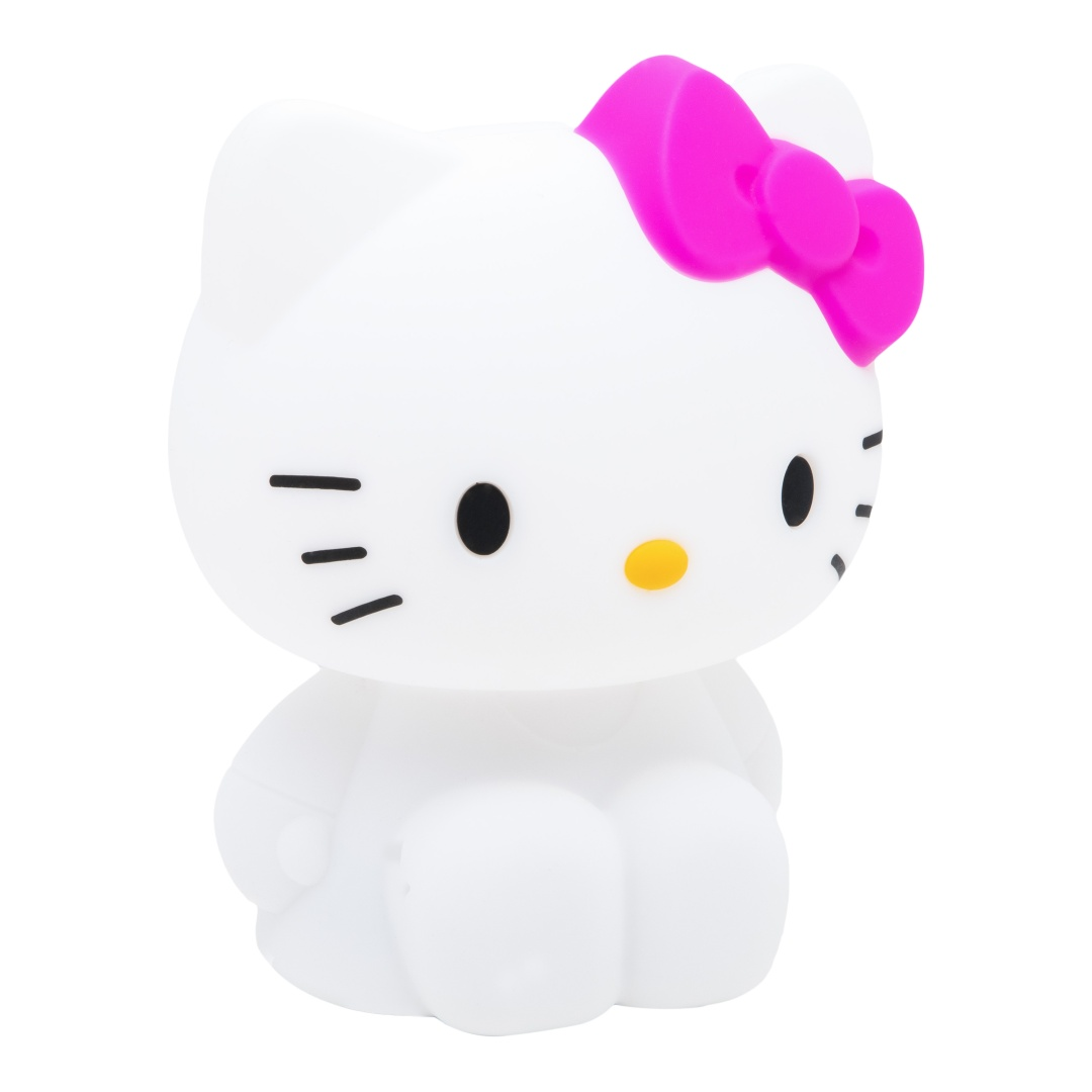 Eine weiße Hello Kitty-Figur mit leuchtend rosa Schleife und gelber Nase vor weißem Hintergrund.