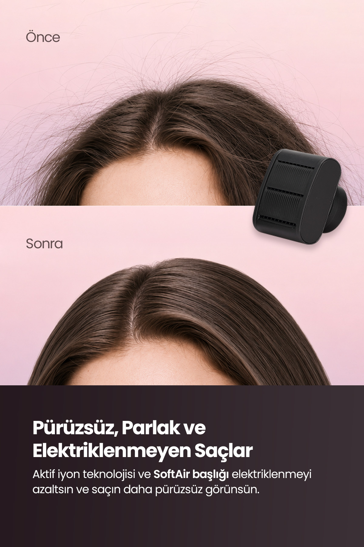 Öncesi ve sonrası karşılaştırması üstte elektrikli, altta pürüzsüz ve parlak saç gösterir.