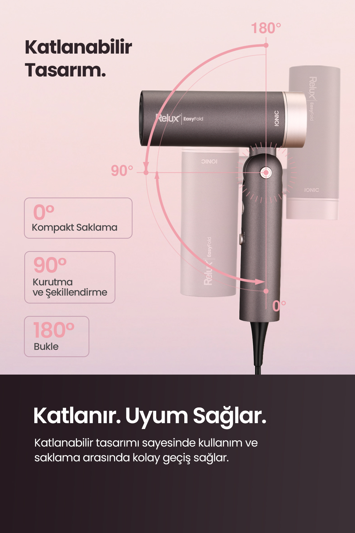 Kolay saklama ve şekillendirme için 0 ile 180 derece açıları gösteren katlanabilir tasarımlı gri saç kurutma makinesi.
