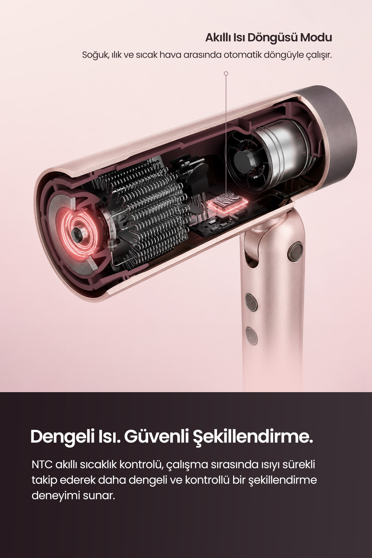 İç ısıtma bobinlerini, motoru ve elektronik bileşenleri gösteren pembe altın saç kurutma makinesinin kesiti.