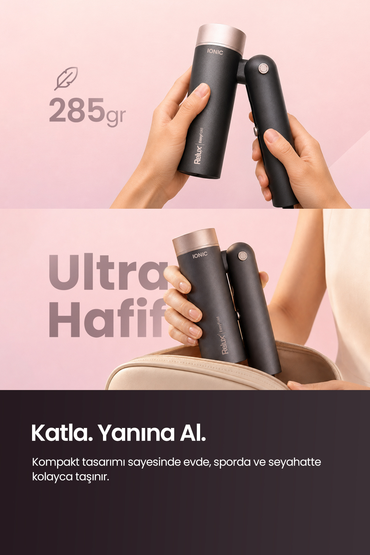 Pembe arka planda kompakt, katlanabilir siyah saç kurutma makinesi tutan bir kişi.