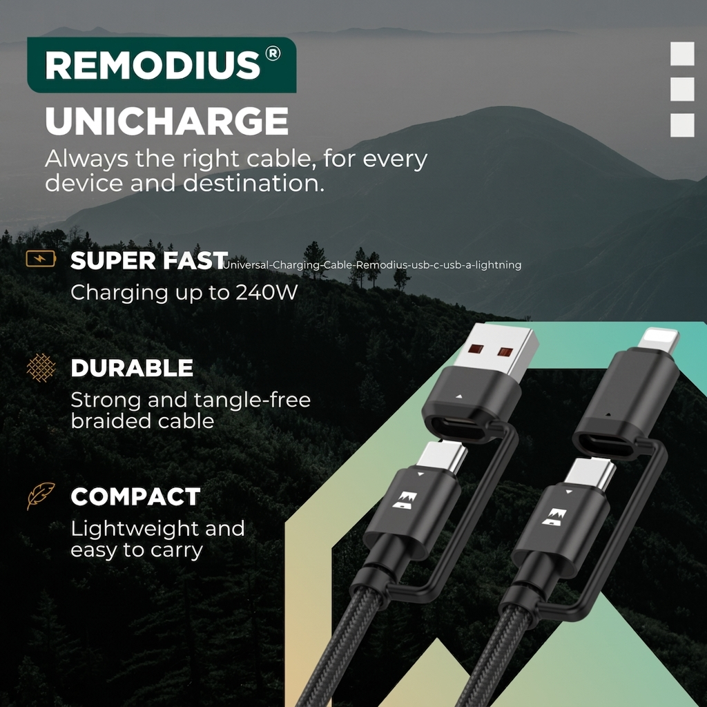 Promotional image for Remodius Unicharge charging cable against a mountain background.