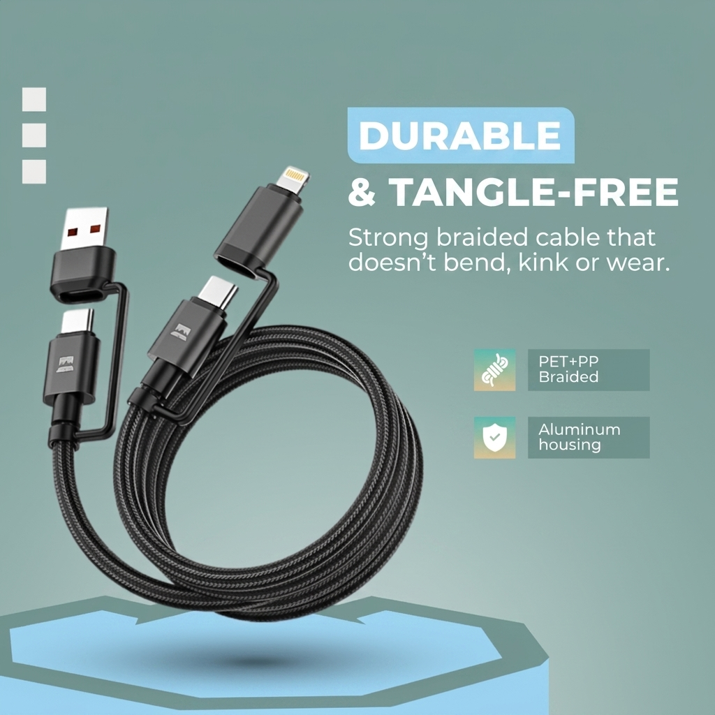 A black braided multi-connector charging cable with aluminum housing, displayed against a teal promotional background.