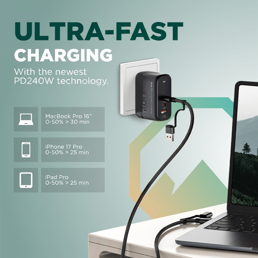A black wall charger plugged into an outlet charges a laptop, alongside text promoting ultra-fast charging.