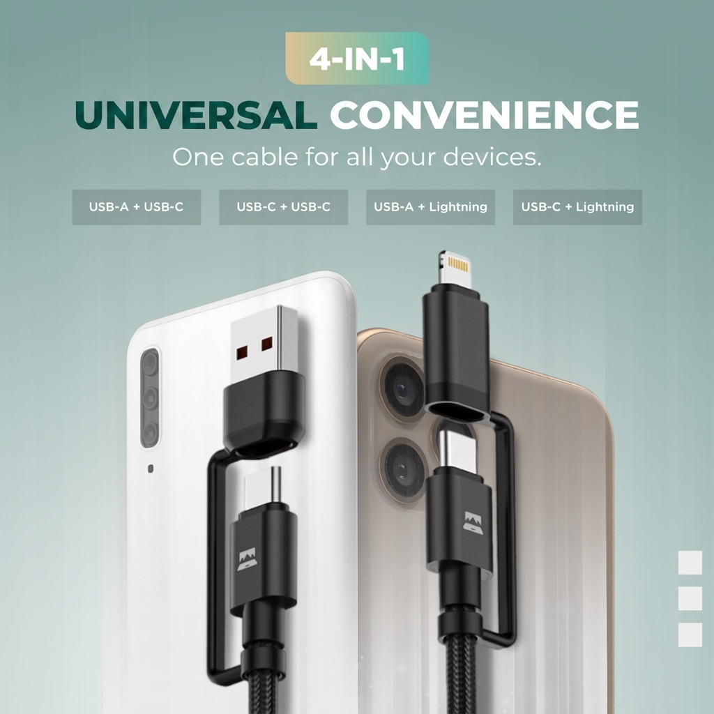 A 4-in-1 universal charging cable with interchangeable connectors shown against two smartphones.