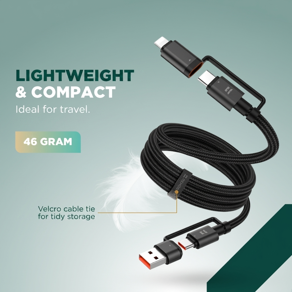 A lightweight black USB cable with multiple connectors and a velcro tie on a green background.