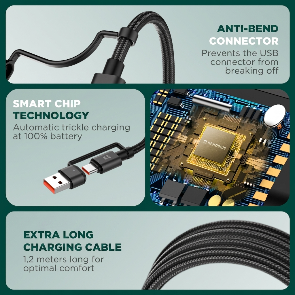 Infographic showing anti-bend cable, smart chip, and 1.2m length.