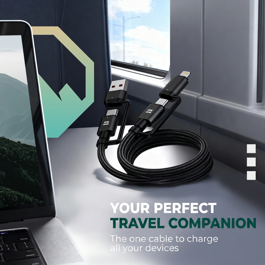 A black multi-connector cable rests on a table next to a laptop by a train window.