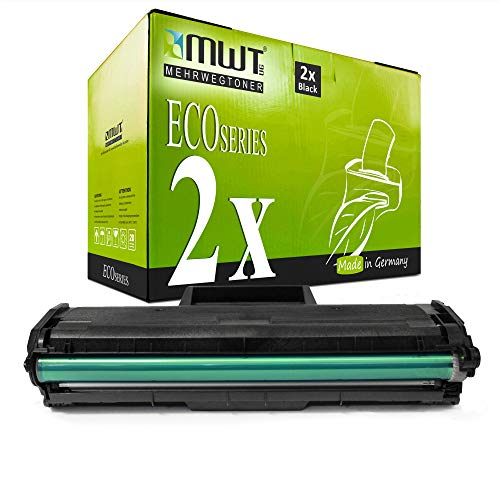 Eine schwarze Tonerkassette liegt vor einer grünen MWT Eco Series Box mit Aufschrift.