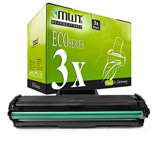 Eine schwarze Tonerpatrone steht vor einer grünen MWT Eco Series Box vor weißem Hintergrund.