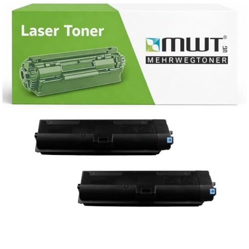 Zwei schwarze Lasertoner in einer weißen Verpackung mit grünem MWT-Logo.