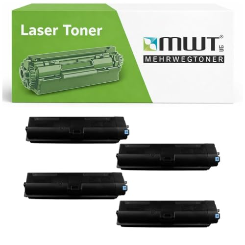 Vier schwarze Lasertoner-Kartuschen unter einer weiß-grünen MWT-Verpackung.