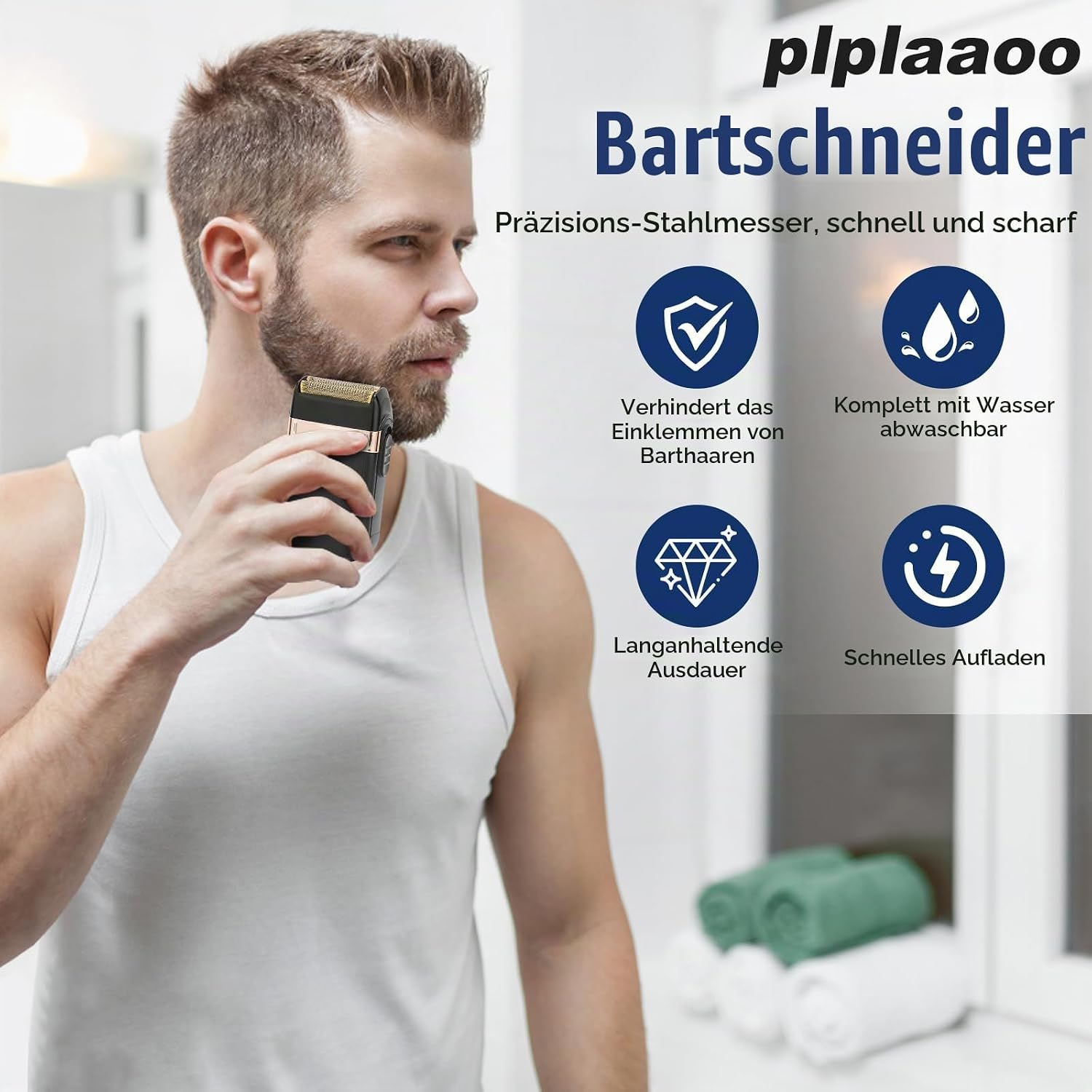 Ein Mann im weißen Unterhemd rasiert sich mit einem schwarzen Bartschneider; daneben Text und Symbole.