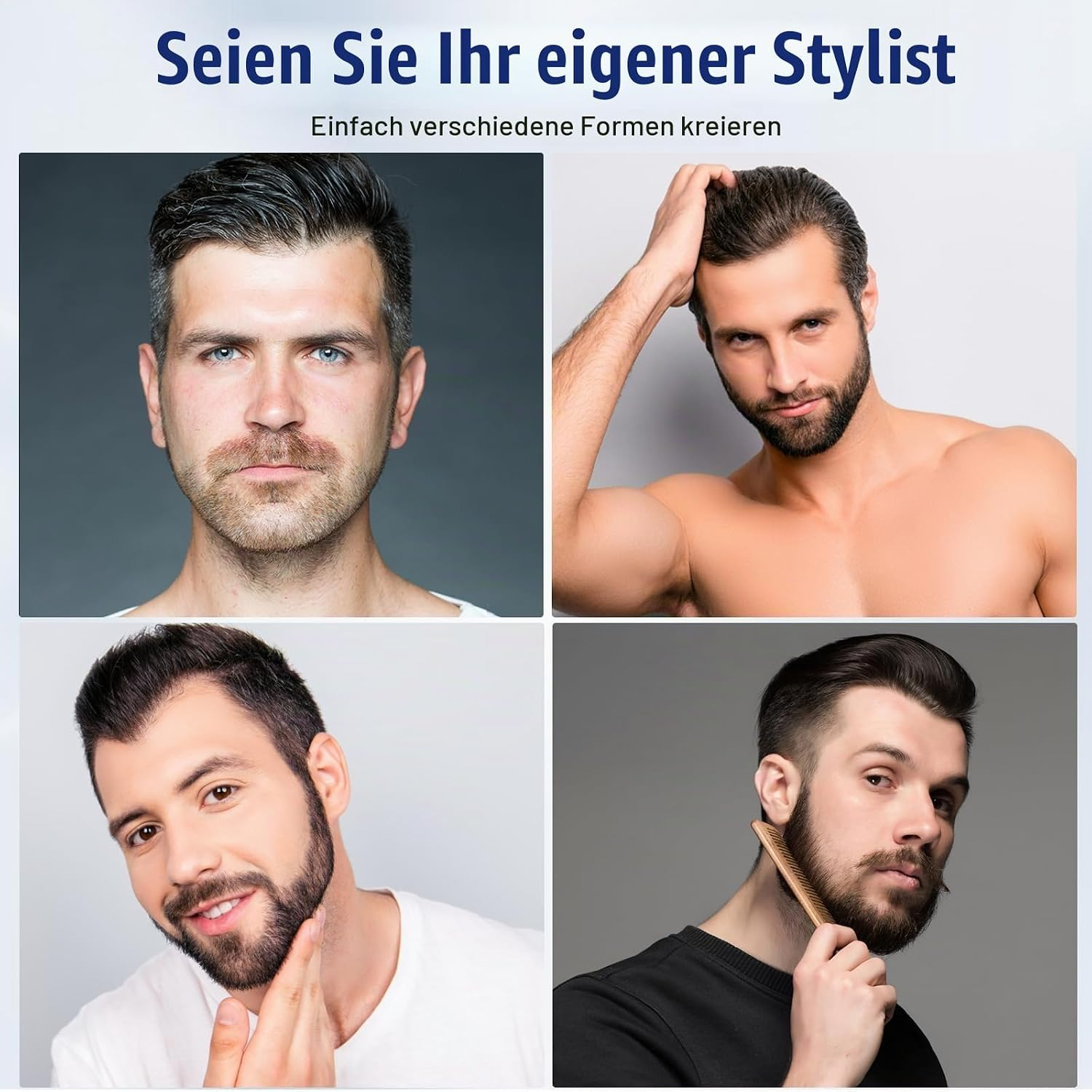 Vier Bilder zeigen Männer mit unterschiedlichen Frisuren und gepflegten Bärten.