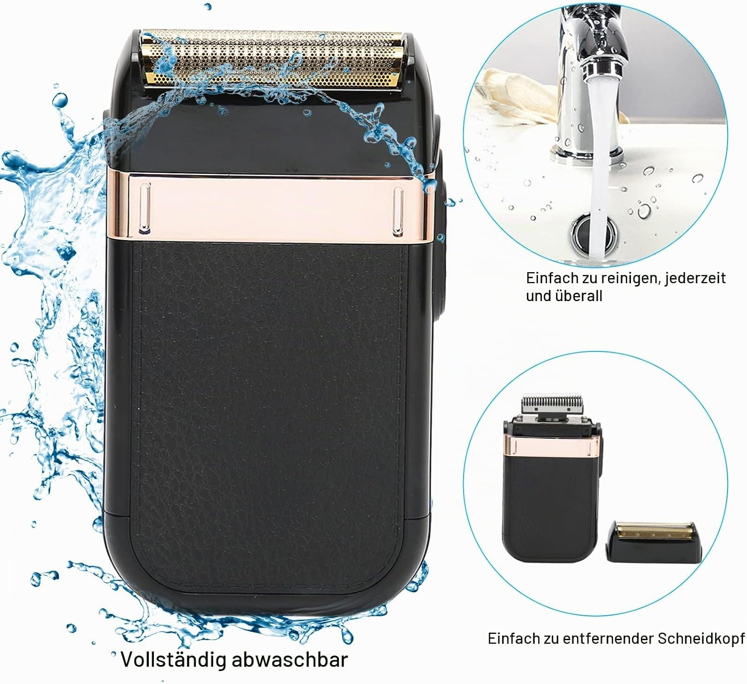 Ein schwarzer Elektrorasierer mit spritzendem Wasser, einem Waschbecken und einem abnehmbaren Scherkopf.