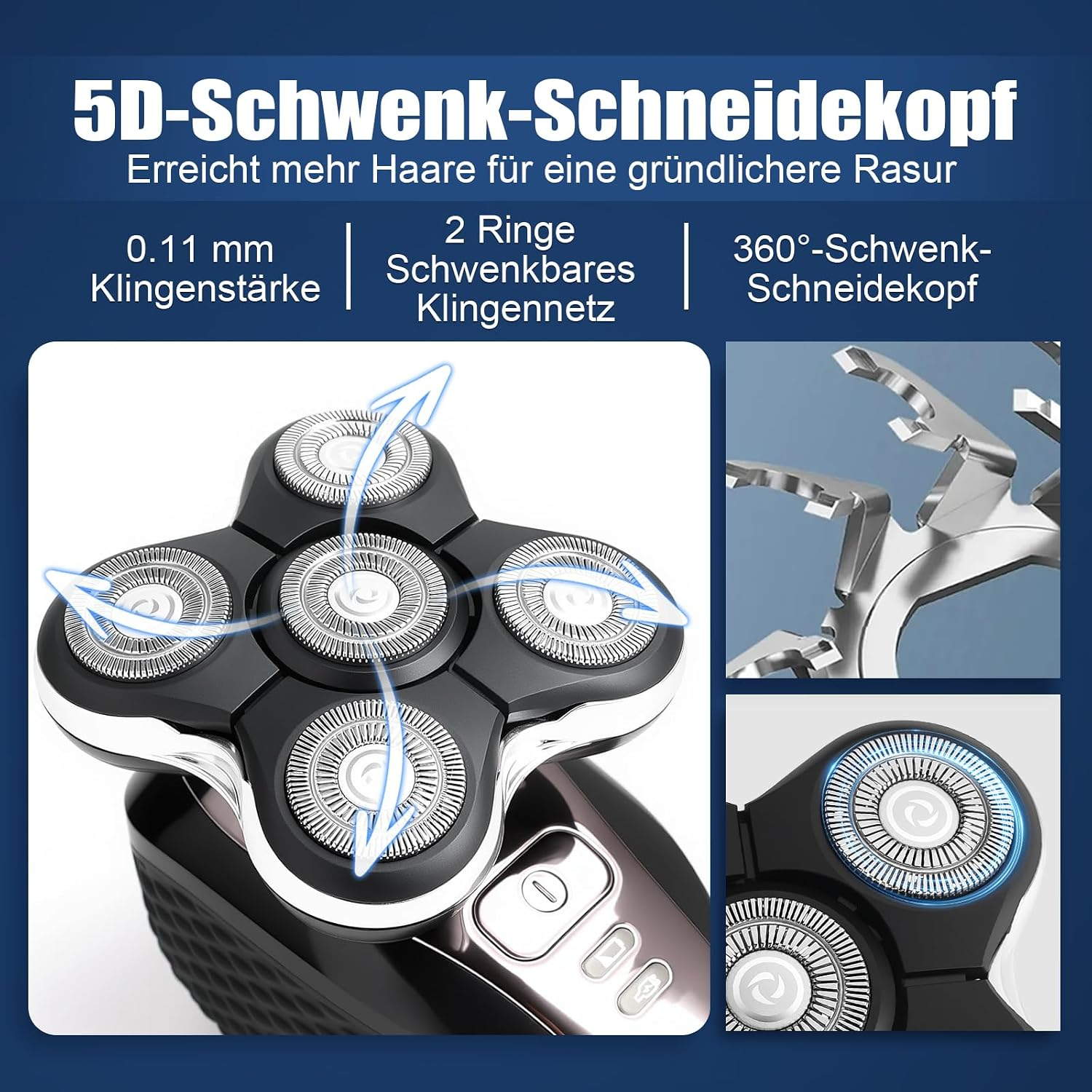 Produktwerbung für einen Elektrorasierer mit 5D-Schwenkkopf und Funktionsdetails.