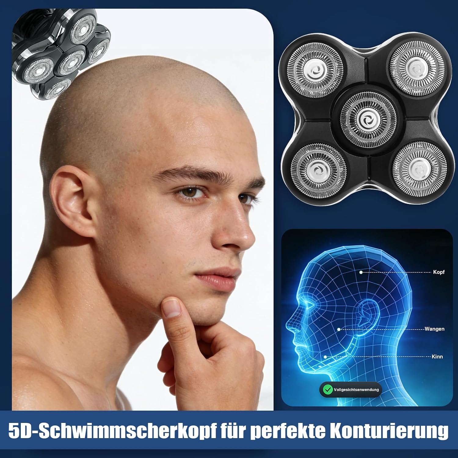 Ein glatt rasierter Mann mit einem 5D-Scherkopf und einer 3D-Kopfdiagramm-Grafik.