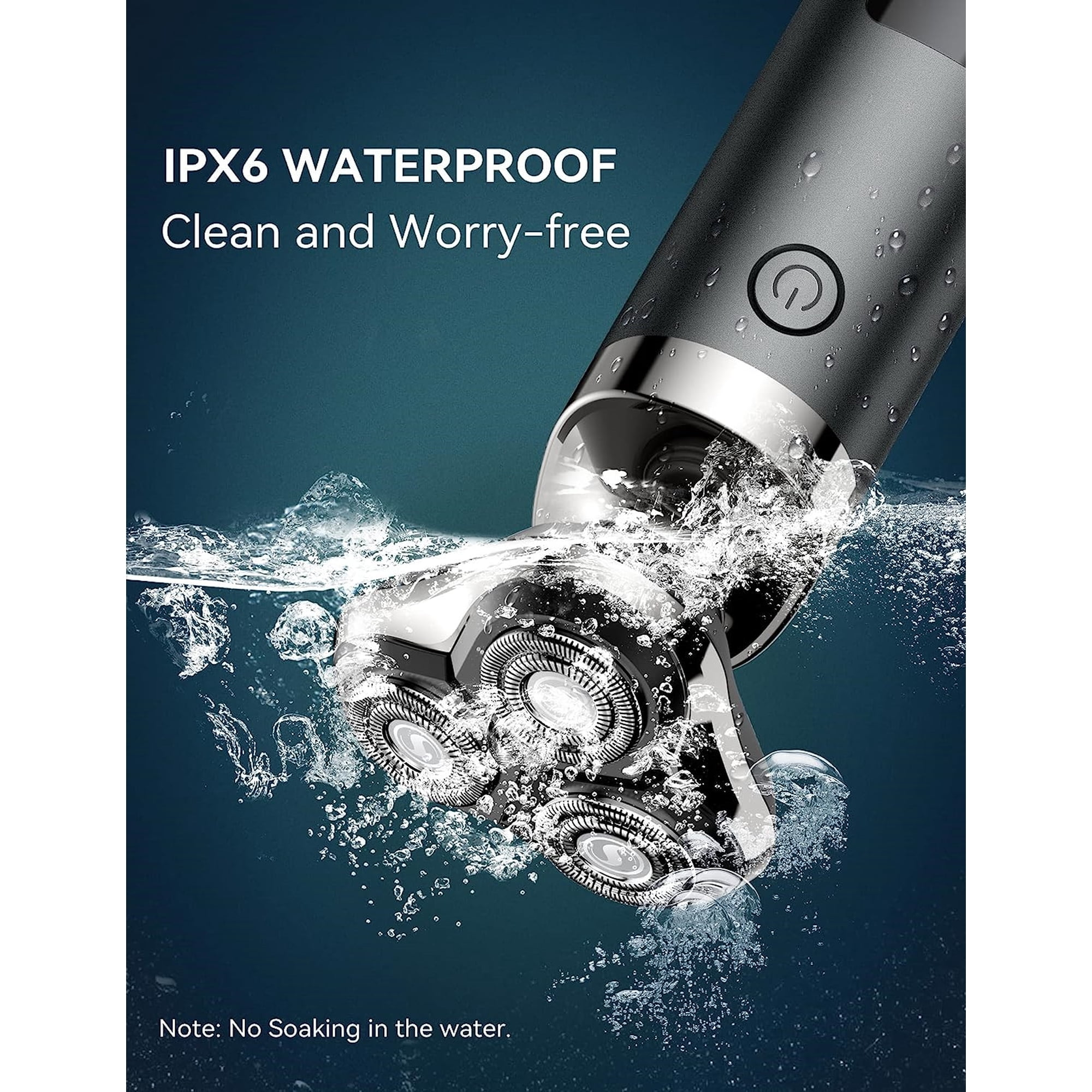 IPX6 wasserdichter Rasierer taucht ins Wasser, mit Schaum und Text.