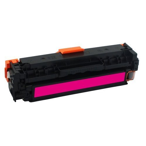 Eine schwarze Tonerkassette mit einer langen pinken Leiste auf einer weißen Oberfläche.