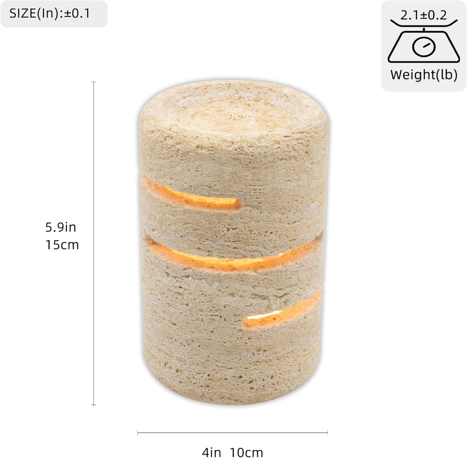 Eine zylindrische, beige Steinlampe mit spiralförmigen Ausschnitten, die von innen leuchtet, mit Maßangaben.
