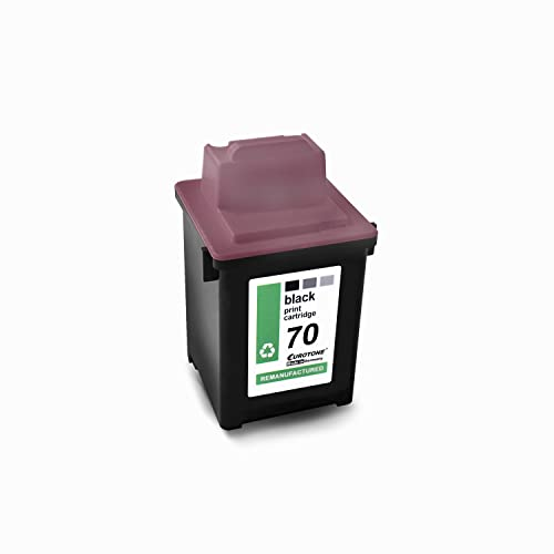Eine schwarze Tintenpatrone mit einem lilafarbenen Deckel und einem Etikett für Black Print Cartridge 70 auf weißem Hintergrund.