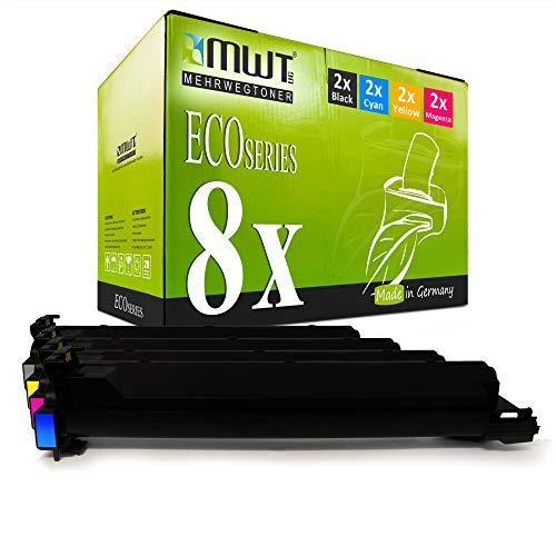 Grüne MWT Eco Series Tonerkartuschen-Verpackung mit acht schwarzen und farbigen Tonern davor.