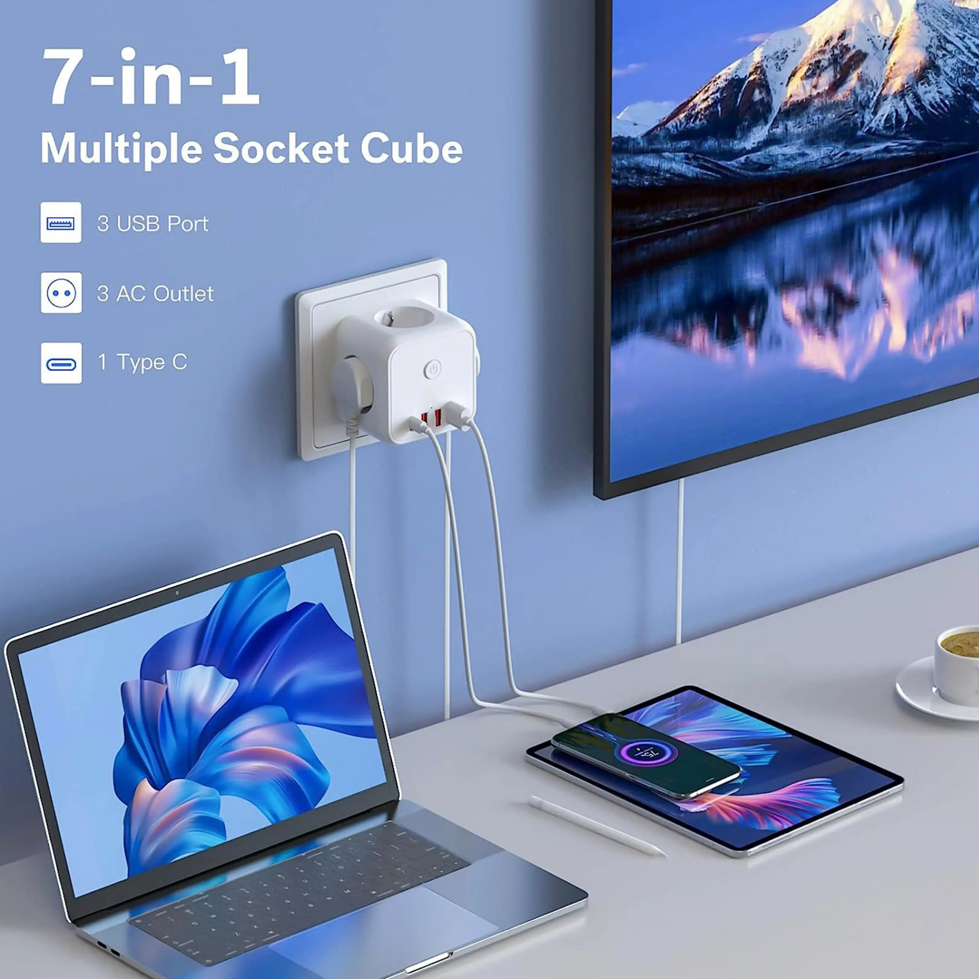 Ein weißer 7-in-1-Mehrfach-Steckdosenwürfel steckt an der Wand und lädt einen Laptop, ein Tablet und ein Smartphone auf.