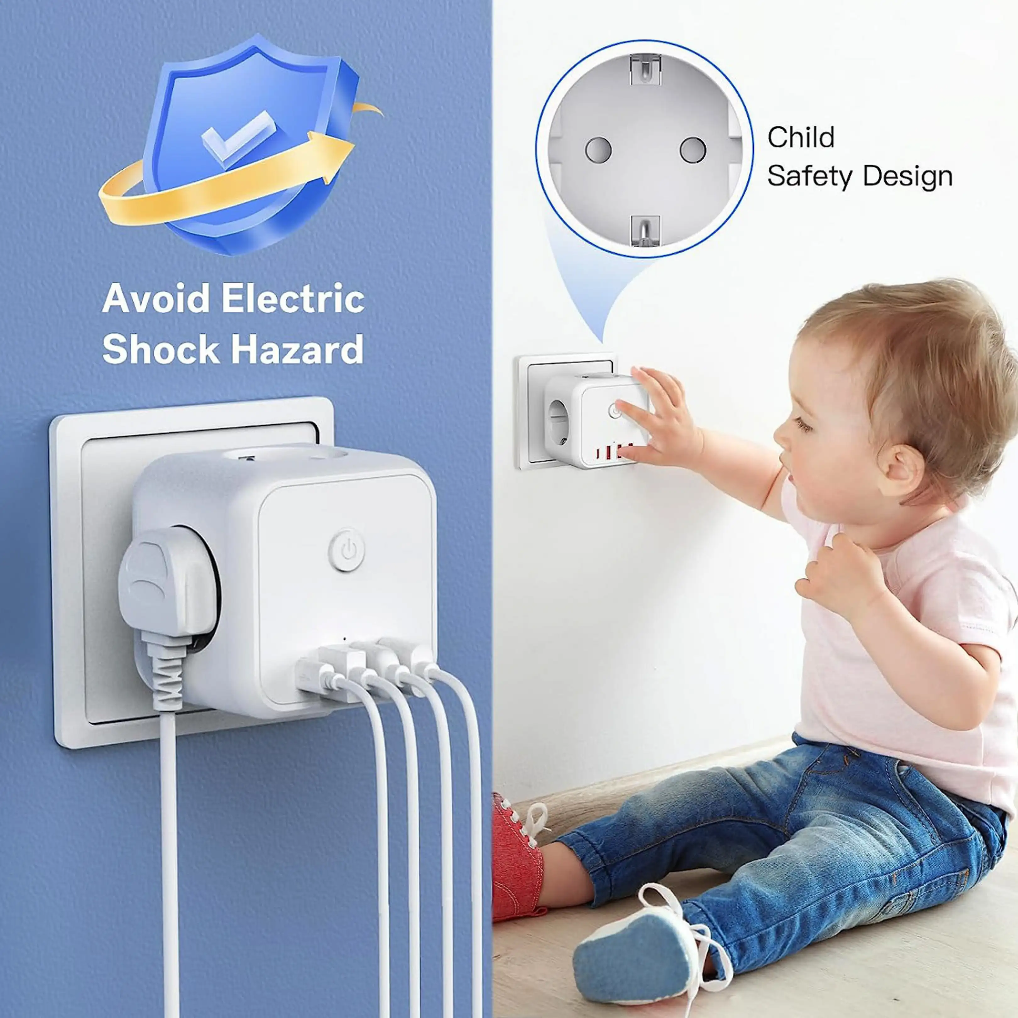 Kleinkind berührt Steckdose, Illustration kindersicherer Steckdosenadapter mit Schutzschild.