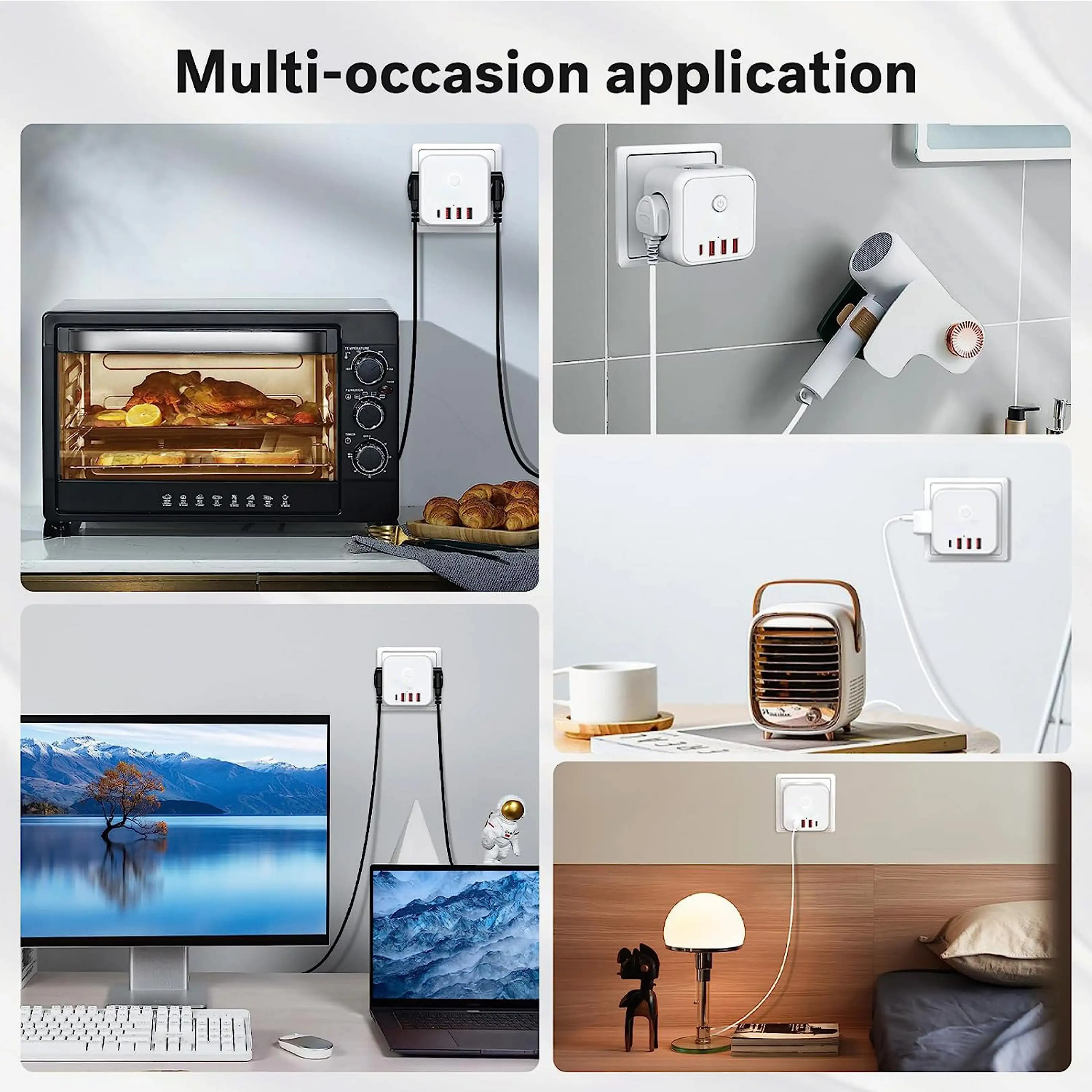 Collage zeigt Mehrfachstecker mit Ofen, Haartrockner, Computer, Heizlüfter und Nachttischlampe.