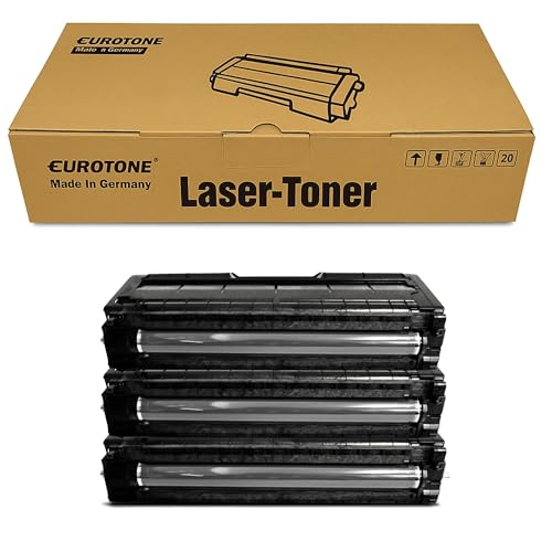 Eine Eurotone Lasertoner Kartonverpackung mit drei schwarzen Tonerkartuschen darunter.