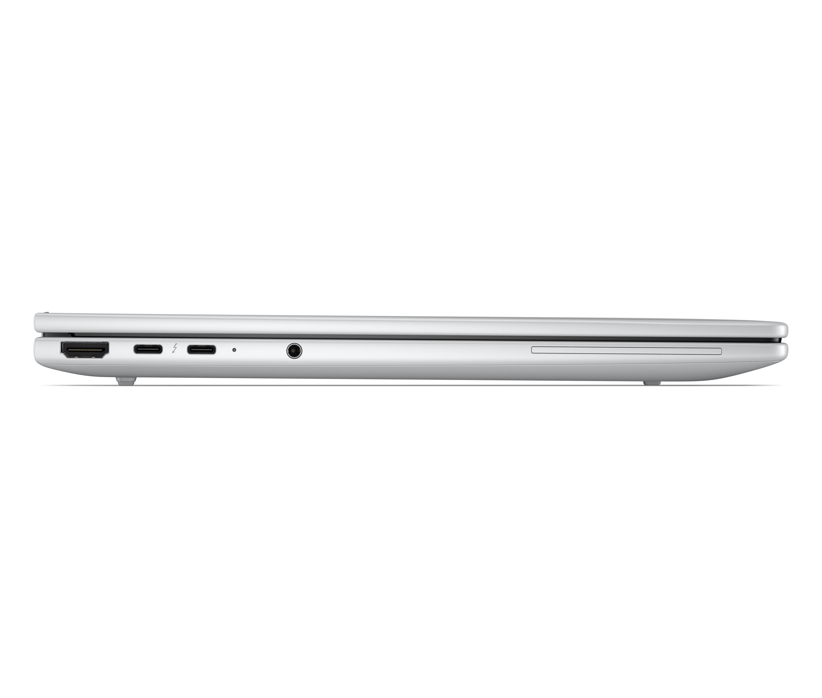 Side view of a thin silver laptop showing an HDMI port, two USB-C ports, an audio jack, and an optical drive.