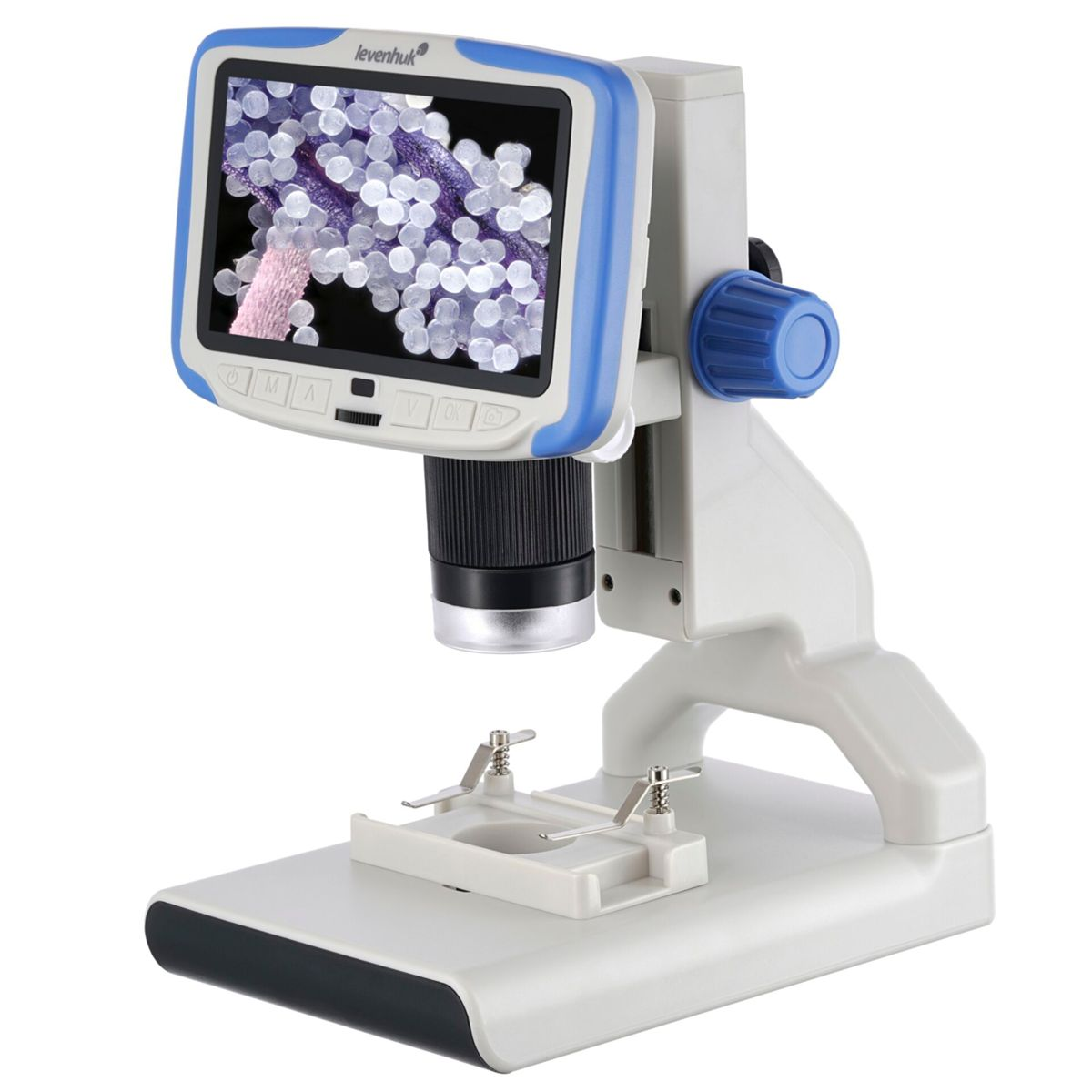 Digitales Mikroskop mit weiß-blauem Gehäuse und LCD-Bildschirm zeigt violette Pflanzenfasern.