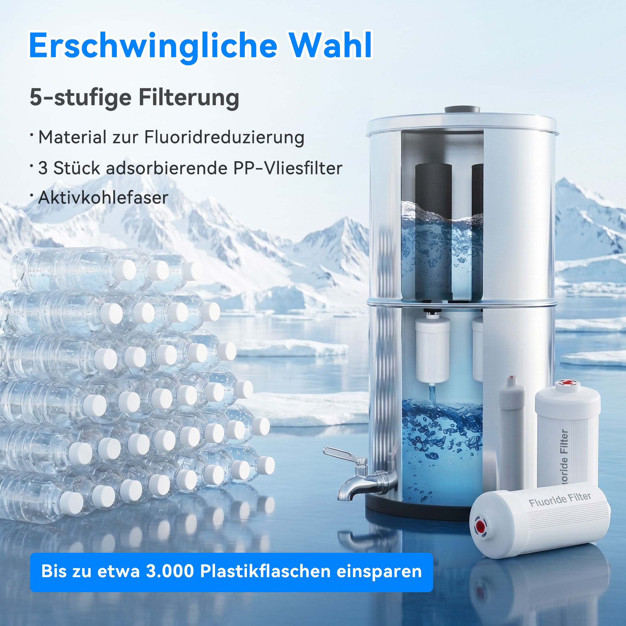 Wasserfilter aus Edelstahl neben einer großen Pyramide aus Plastikflaschen und Bergen im Hintergrund.