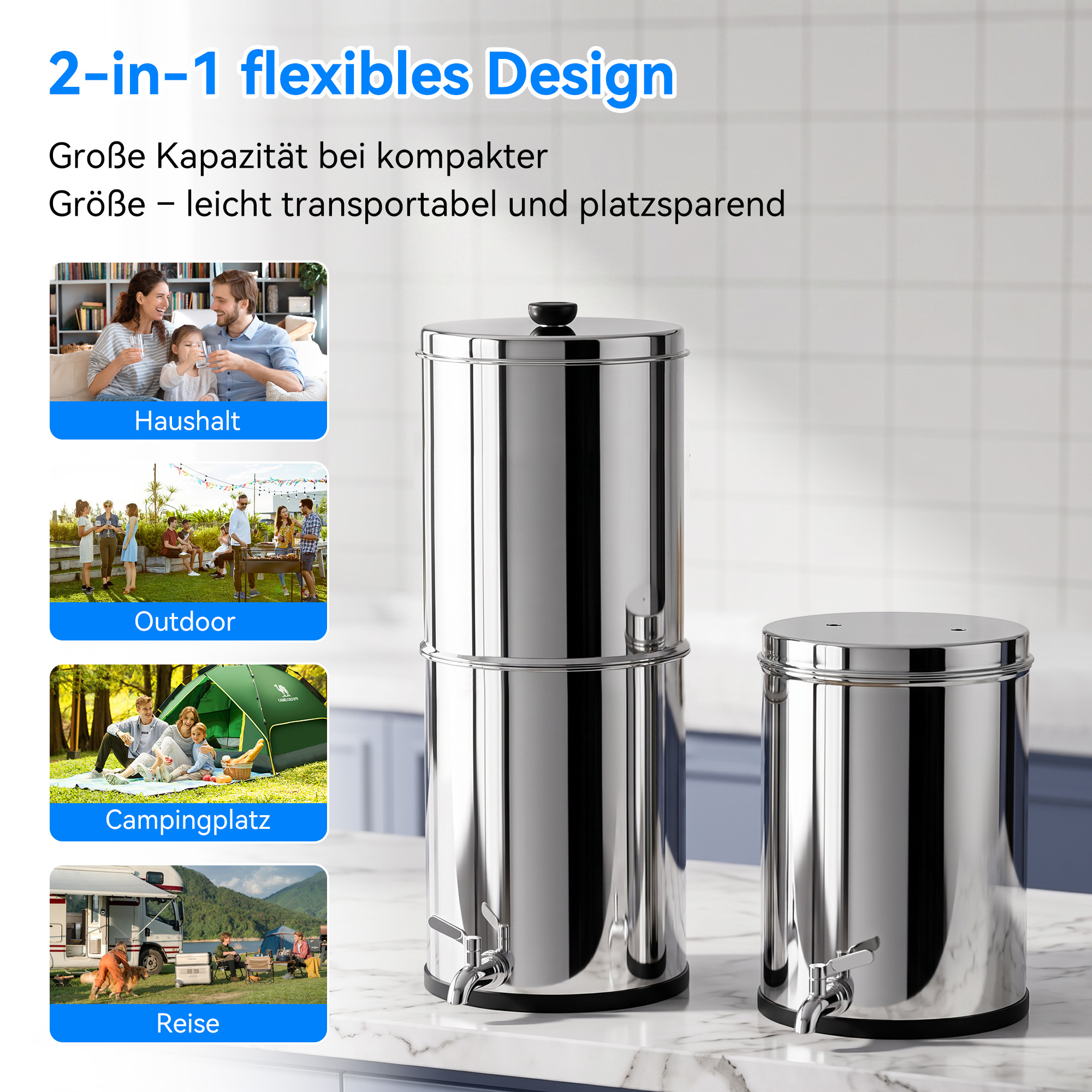 Zwei glänzende Edelstahl-Wasserfilter in einer Küche, mit kleineren Einsatzfotos für Haushalt, Outdoor, Camping und Reise.
