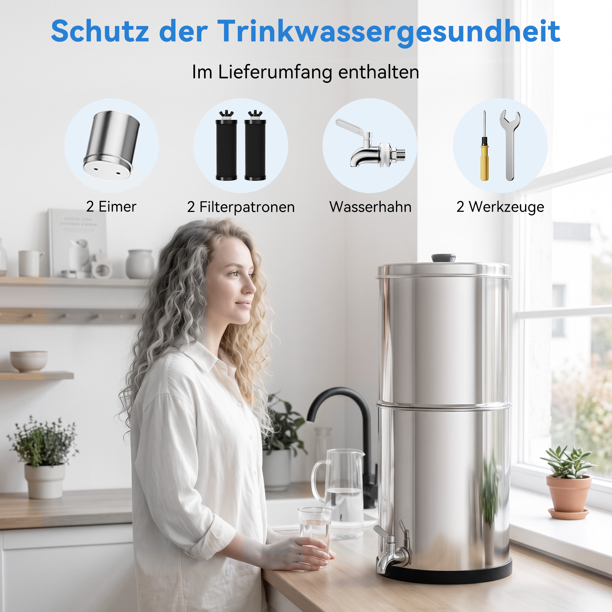 Eine Frau in einer Küche hält ein Glas Wasser neben einem großen Edelstahl-Wasserfilter mit Zubehör oben.