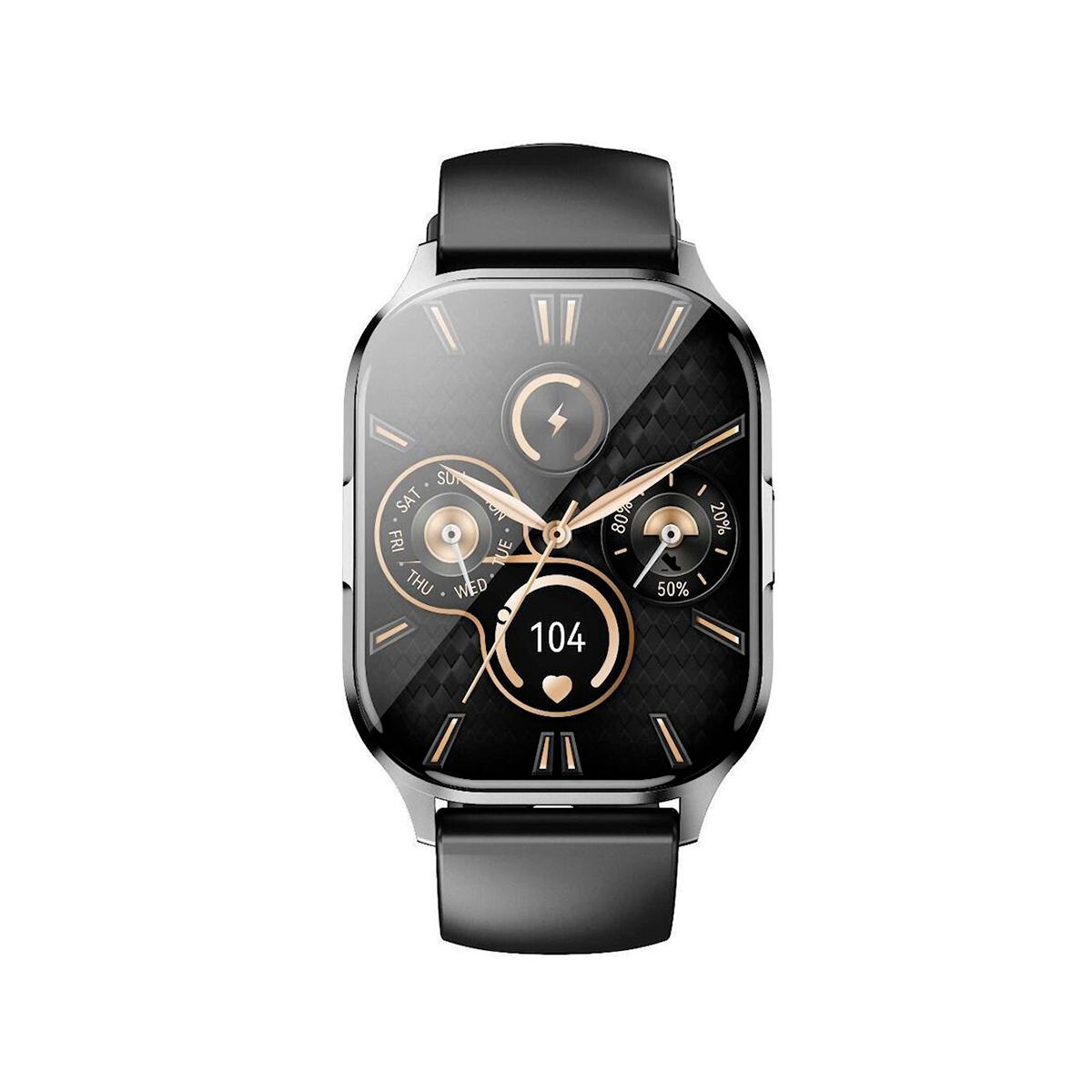 Un reloj inteligente negro con esfera cuadrada, detalles dorados y correa negra sobre fondo blanco.