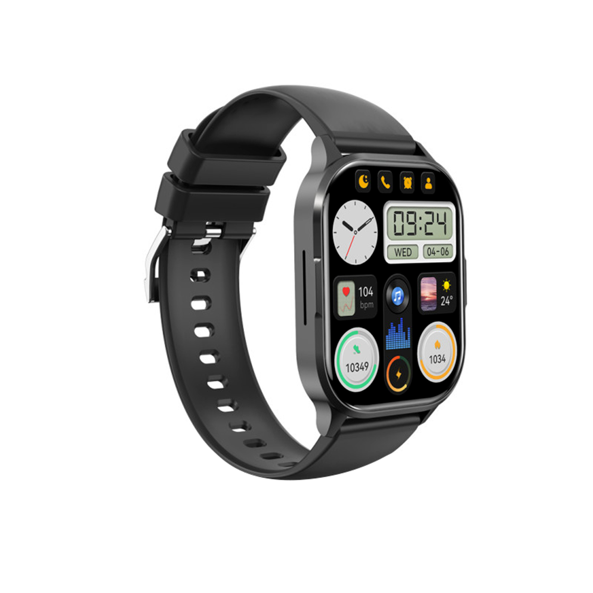 Reloj inteligente negro con pantalla cuadrada y correa de silicona negra sobre fondo blanco.