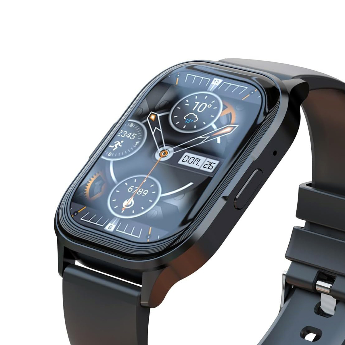Un elegante reloj inteligente negro con pantalla rectangular y esfera detallada sobre fondo blanco.