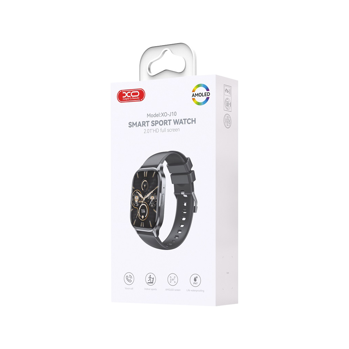 Caja de producto blanca para XO Smart Sport Watch con imagen del reloj e iconos de características.