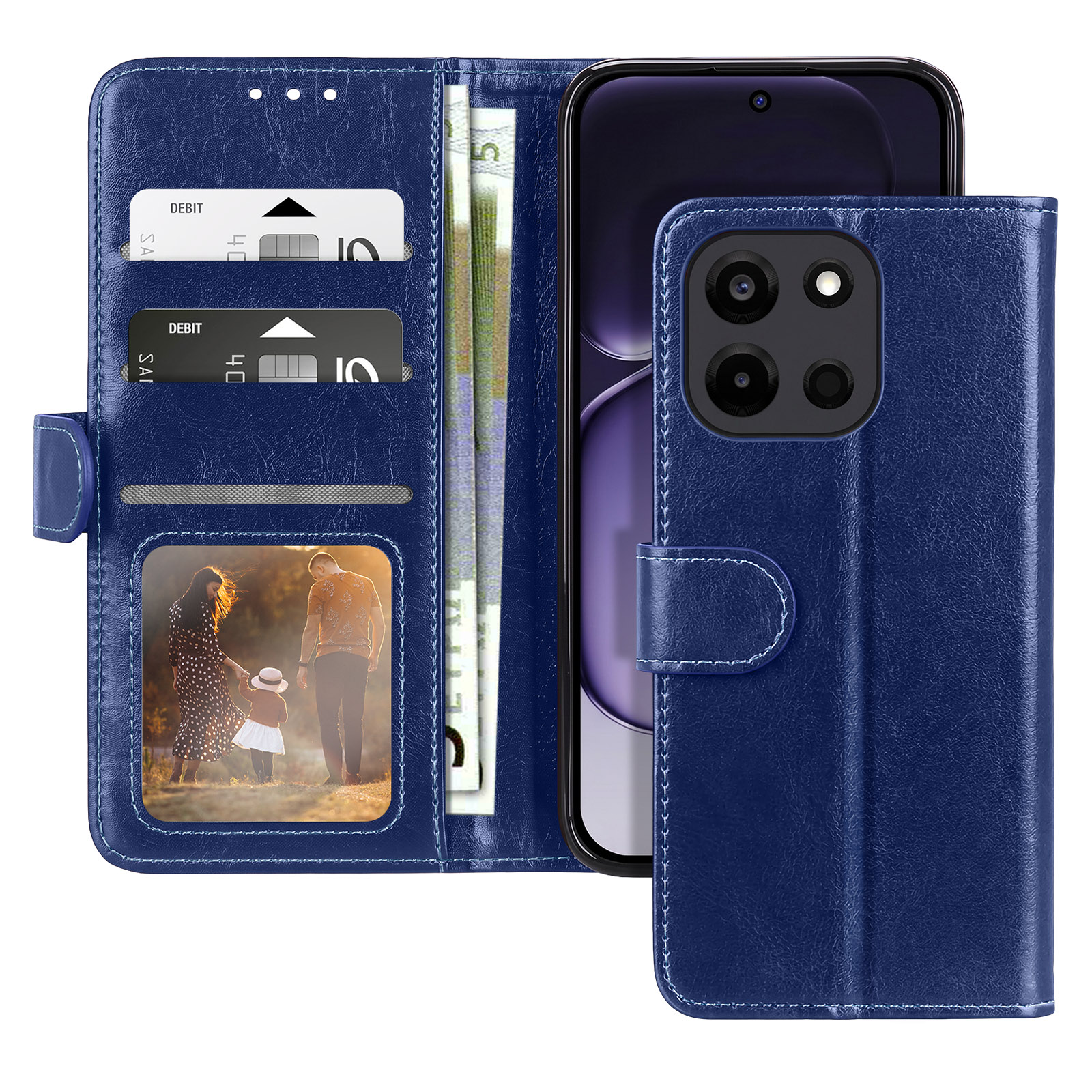 Eine blaue Handytasche aus Leder mit Karten, Bargeld, einem Familienfoto und Smartphone.