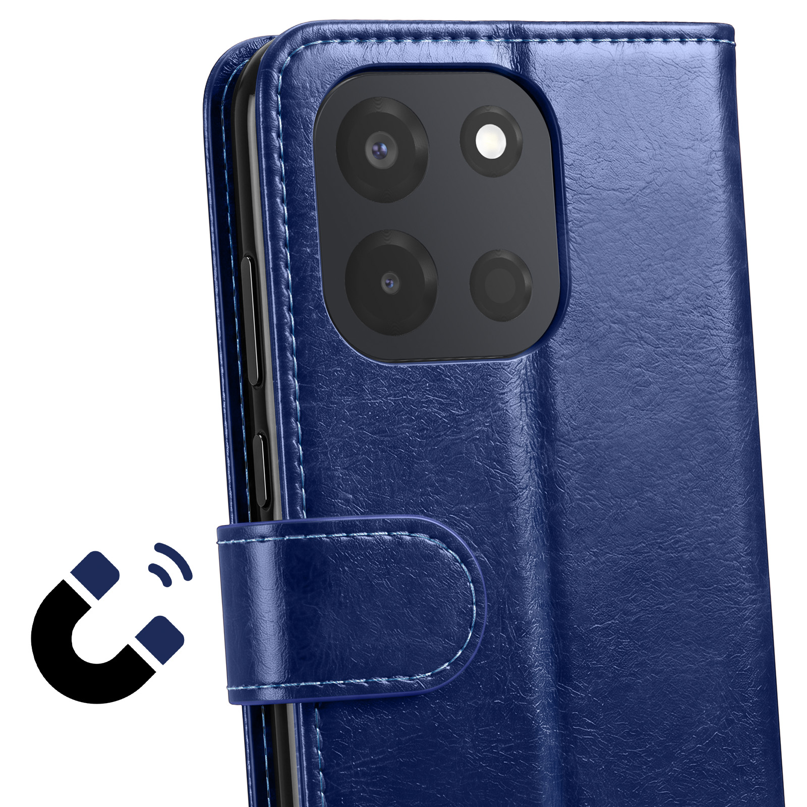 Blaue Leder-Handyhülle mit quadratischem Kameraausschnitt und Magnetschließe.