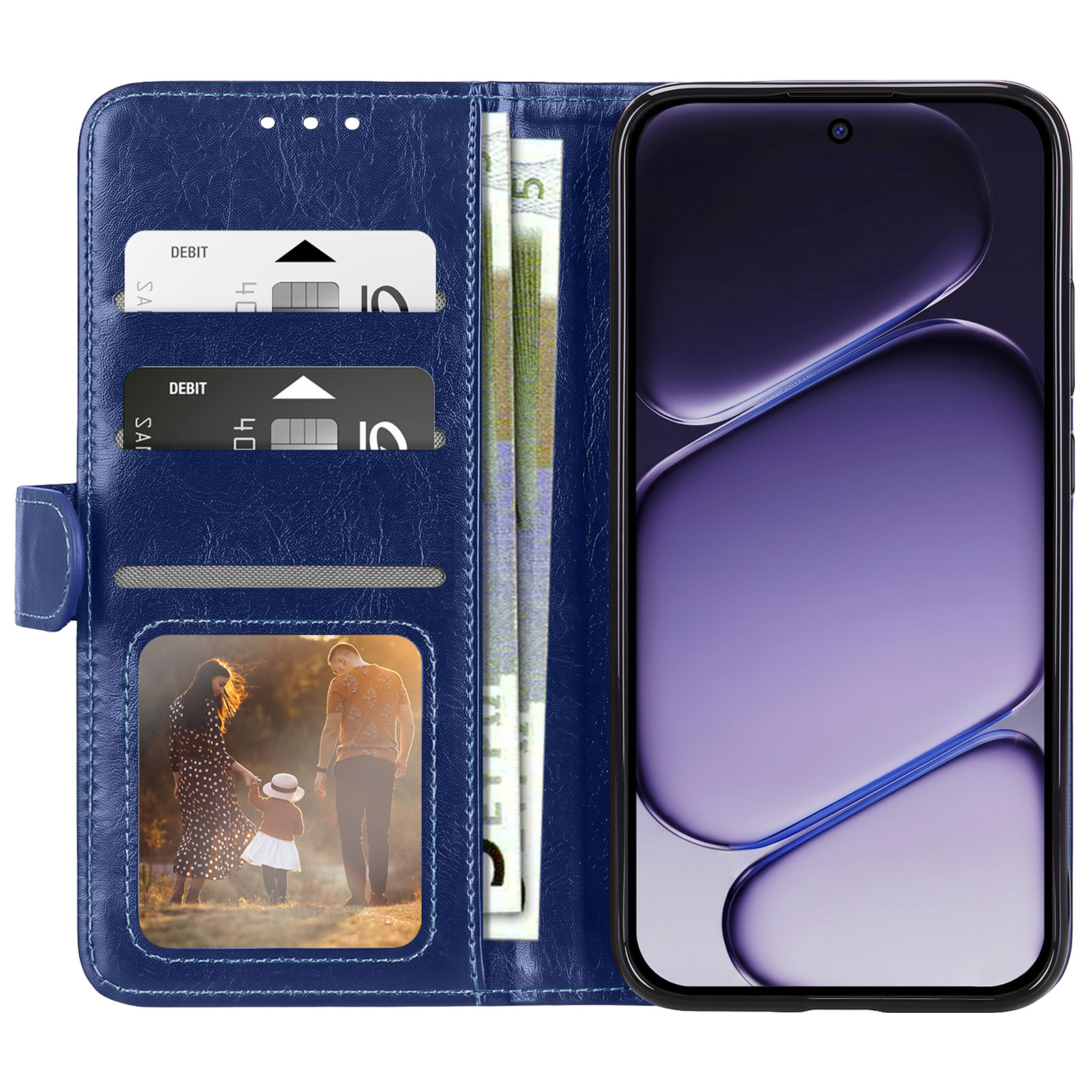 Eine blaue Leder-Handyhülle zeigt Karten, Bargeld und einen Fotorahmen auf der linken Seite und ein Smartphone auf der rechten Seite.