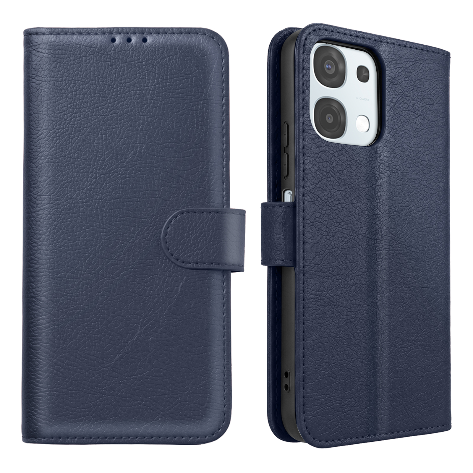 Blaue Ledertasche für Smartphones, geschlossen vorne und offen hinten mit Kameraausschnitt.