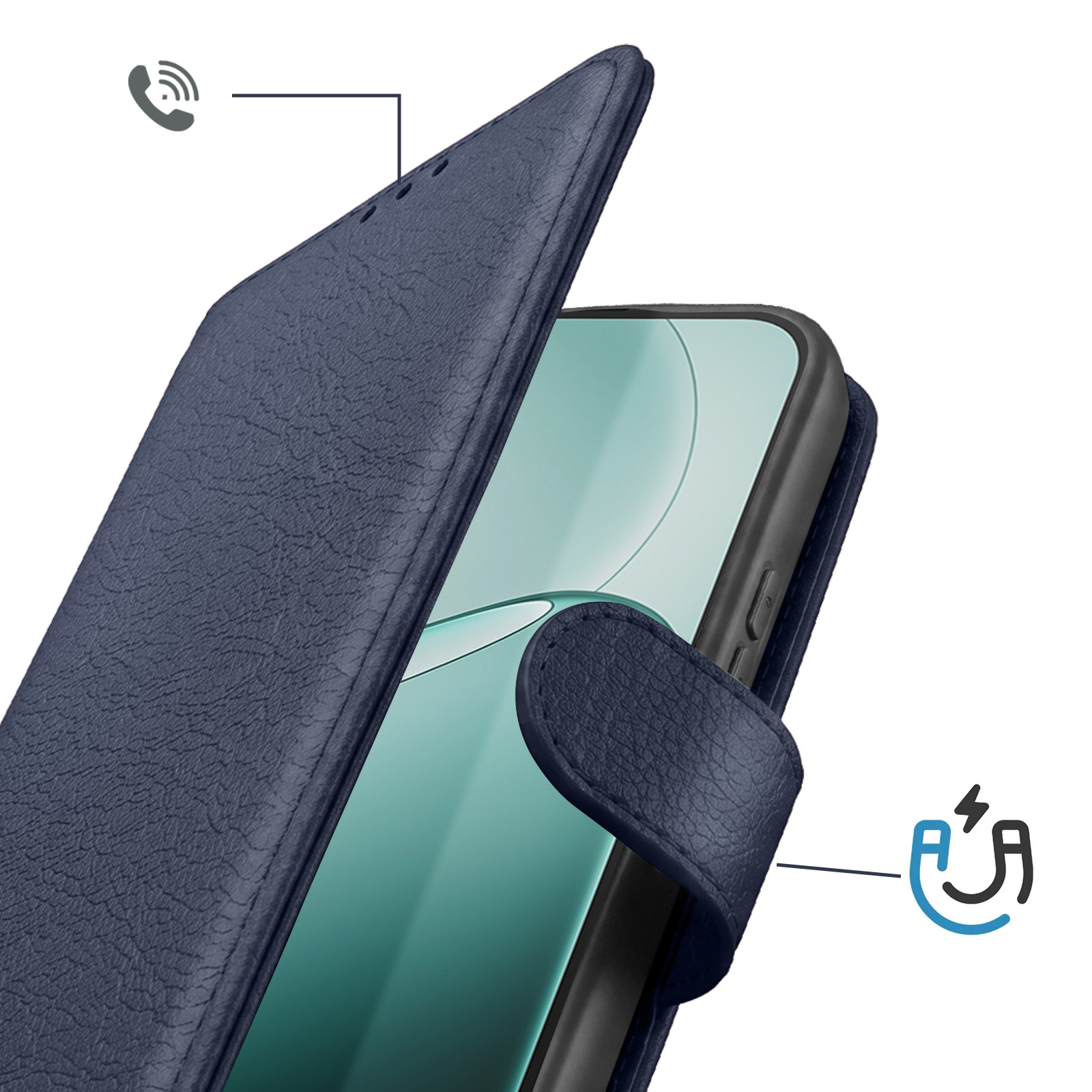 Dunkelblaue Lederhülle für ein Smartphone mit Magnetverschluss und Anrufsymbol.