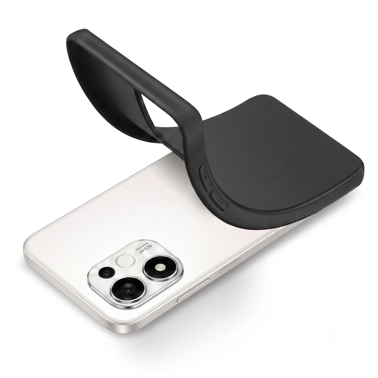 Eine schwarze flexible Handyhülle wird auf ein weißes Smartphone gelegt.